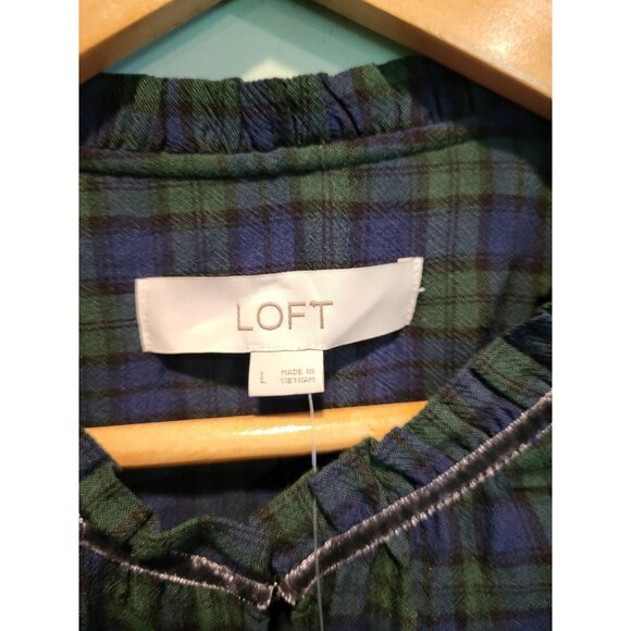 New Blue Green Plaid Lightweight Long Puff Sleeve Relaxed Fit Top Sz L - Picture 6 of 8